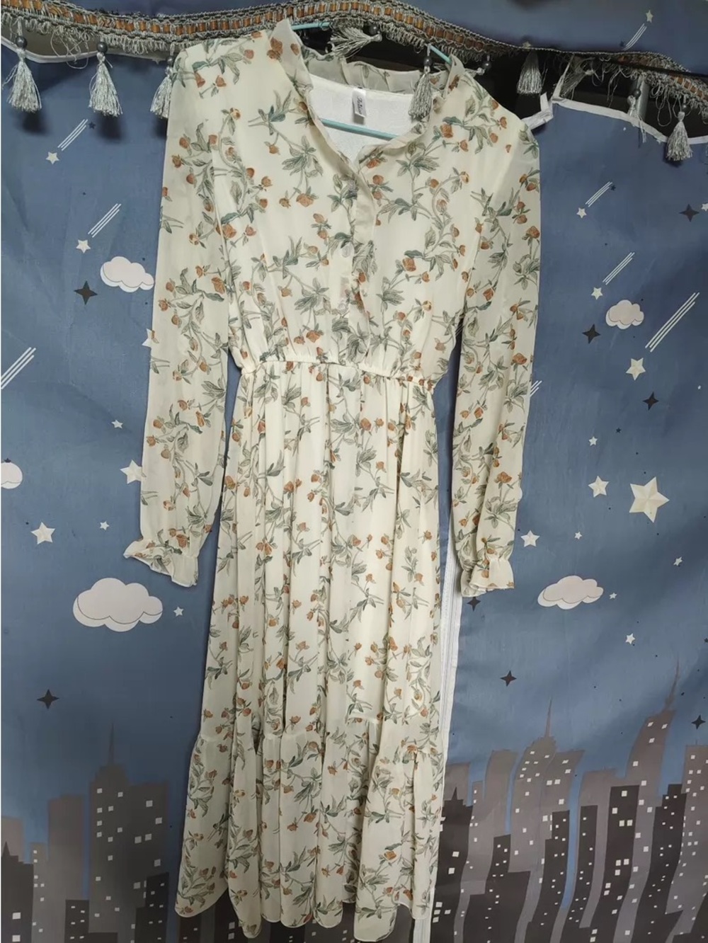 Cream Floral Long Sleeve Midi Dress